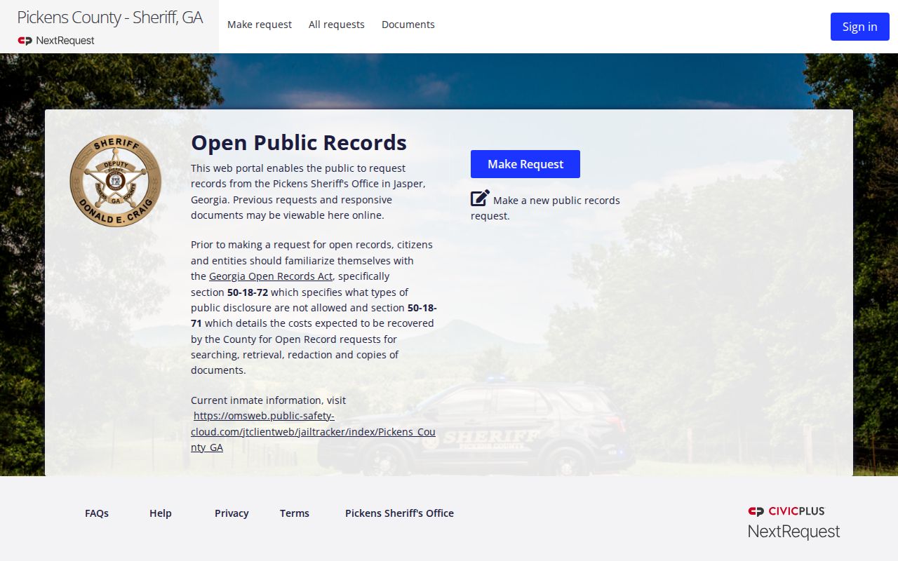 Pickens Sheriff NextRequest public records portal