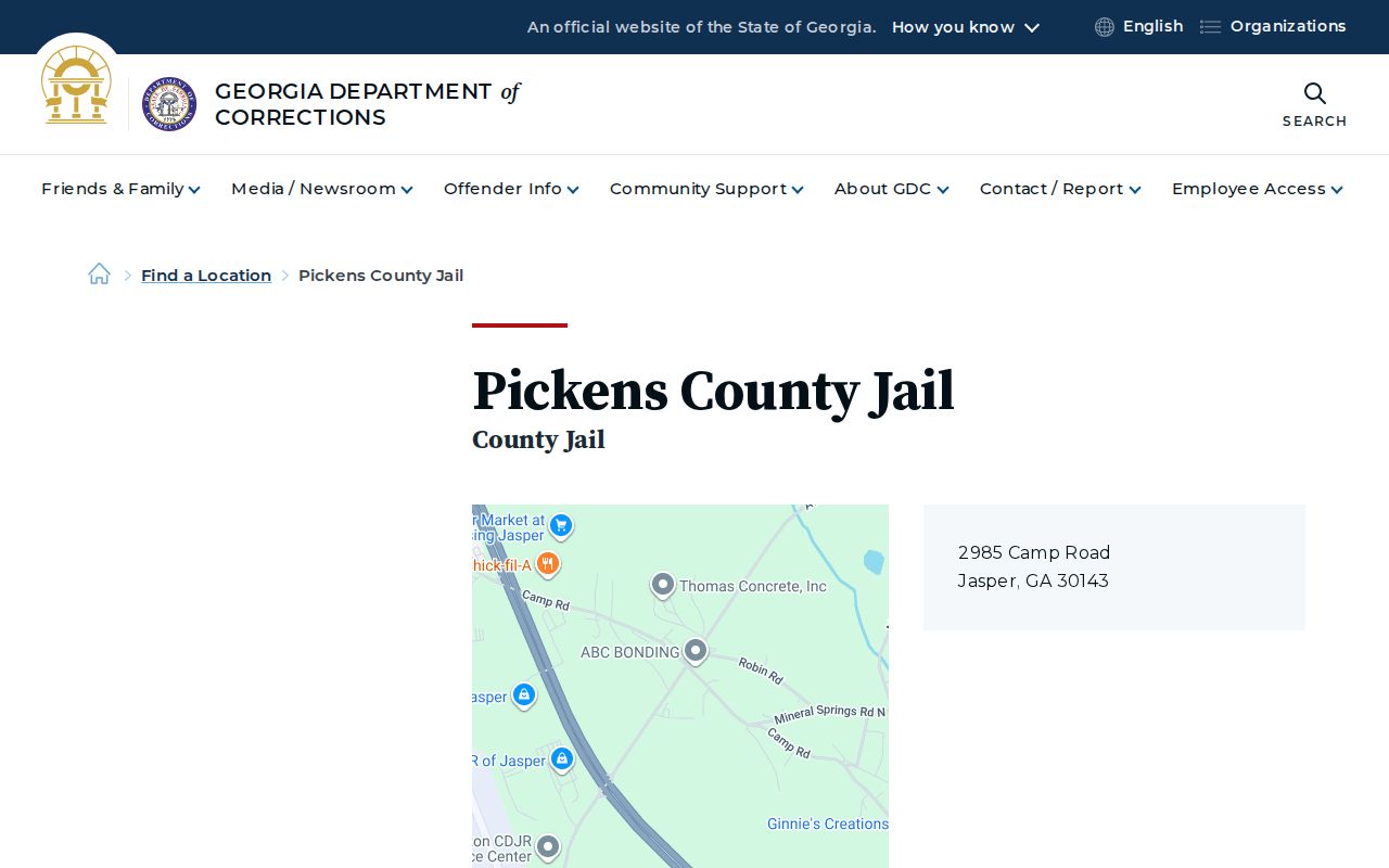 GDC Pickens County Jail listing for local release record routing